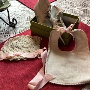 Vintage Baby items, Crochet Bonnet, Bib and Shoes
